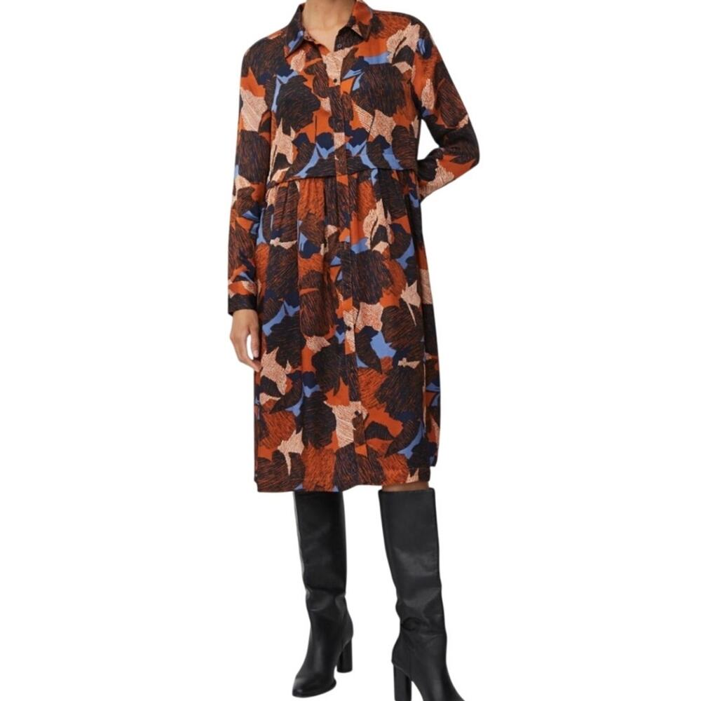 Masai Copenhagen Orange Black Blue Abstract Floral Satin Shirt Dress Boho Fall